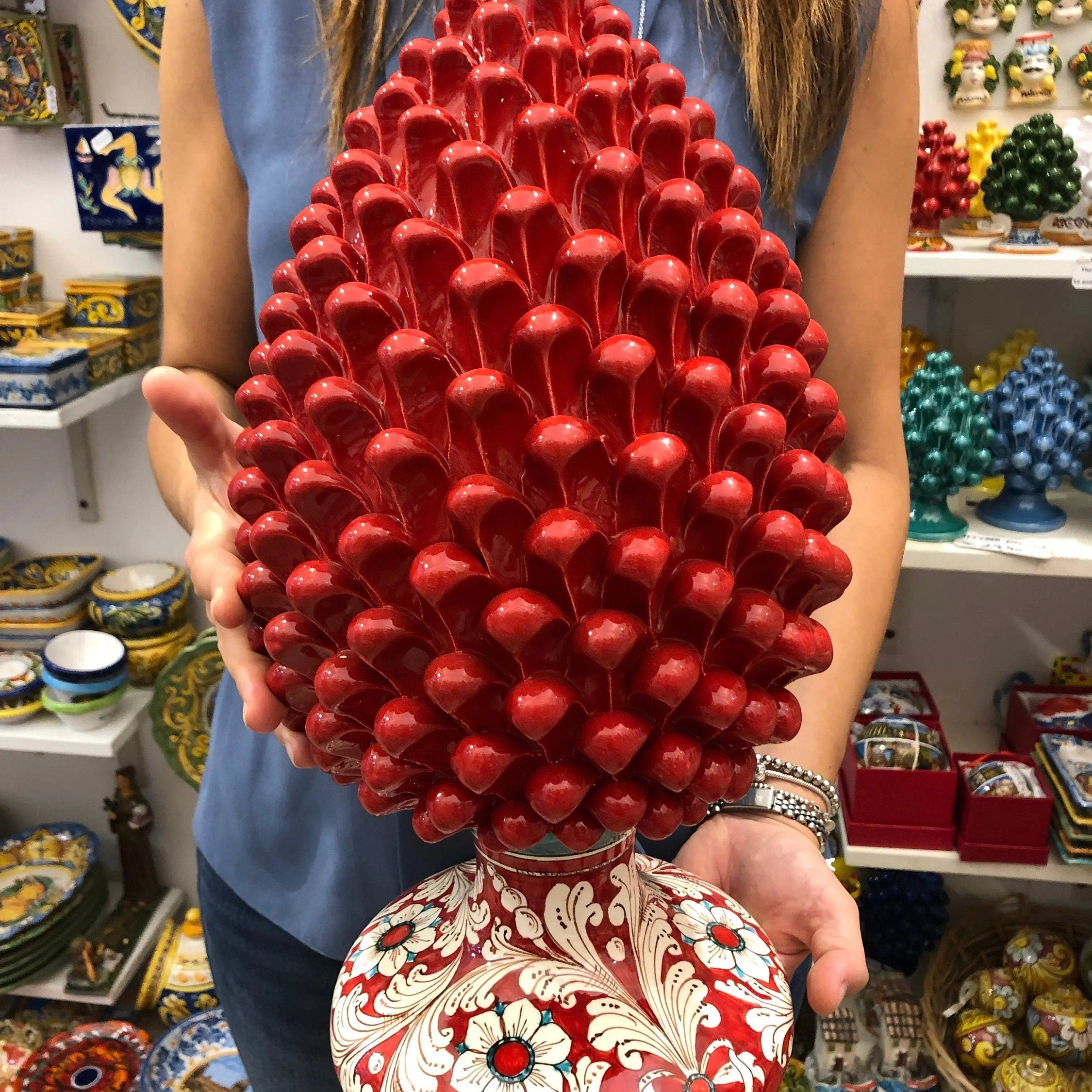 Pigna Ceramica Caltagirone cm H.40 Artigianale Rosso Base Decorata DD CERAMICHE SICILIANE