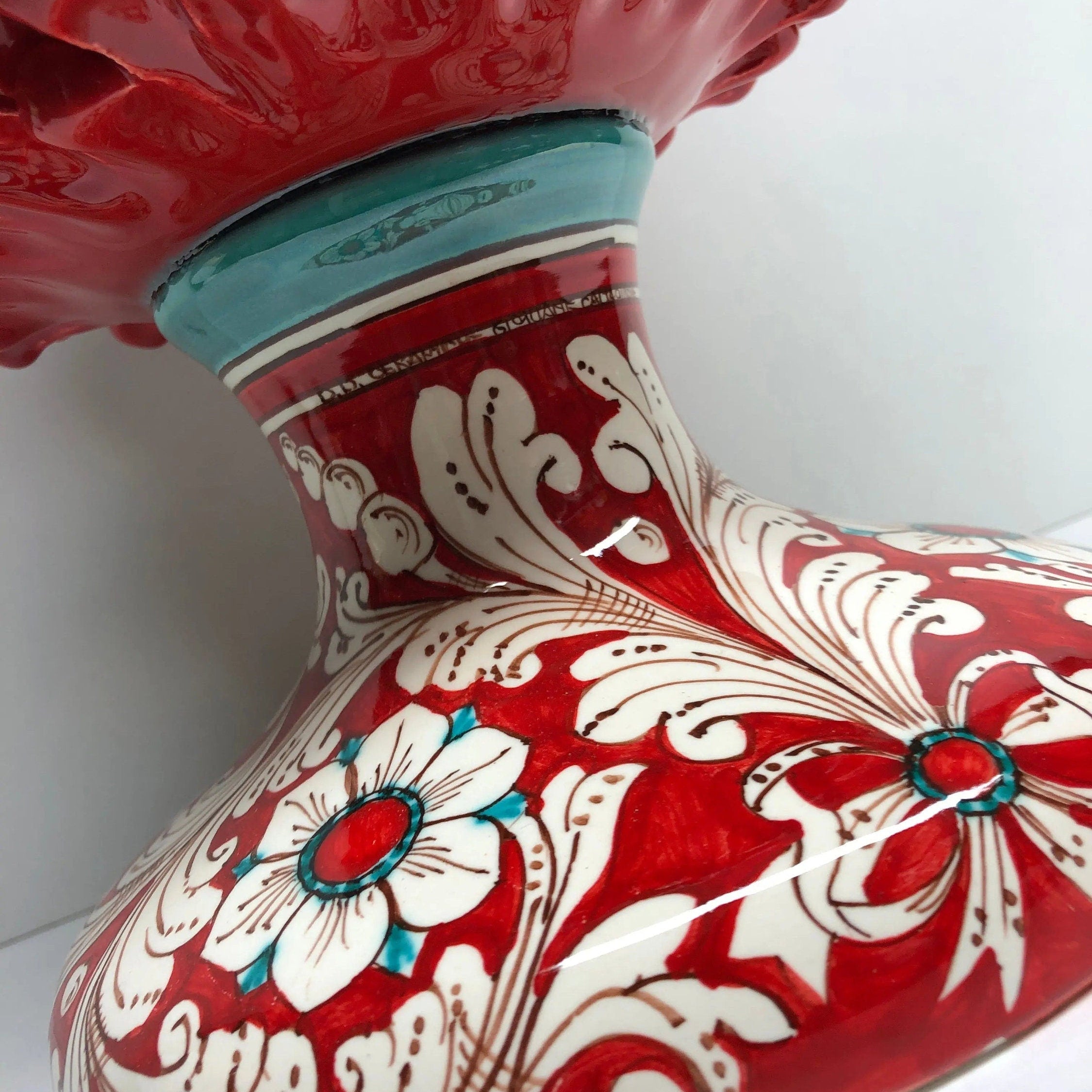 Pigna Ceramica Caltagirone cm H.40 Artigianale Rosso Base Decorata DD CERAMICHE SICILIANE