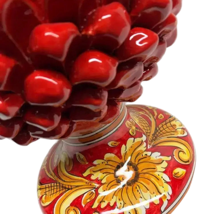 Pigna Ceramica Caltagirone cm H.40 Artigianale Rosso Base Decorata Giglio - DD CERAMICHE SICILIANE