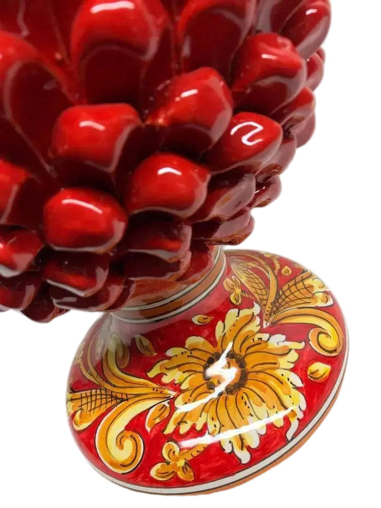 Pigna Ceramica Caltagirone cm H.40 Artigianale Rosso Base Decorata Giglio - DD CERAMICHE SICILIANE