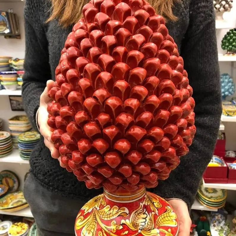 Pigna Ceramica Caltagirone cm H.40 Artigianale Rosso Base Decorata Giglio - DD CERAMICHE SICILIANE