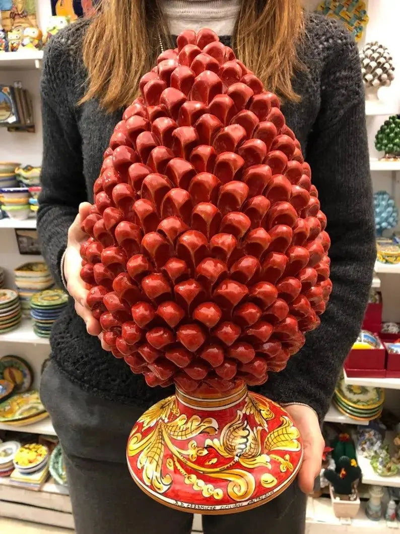 Pigna Ceramica Caltagirone cm H.40 Artigianale Rosso Base Decorata Giglio - DD CERAMICHE SICILIANE