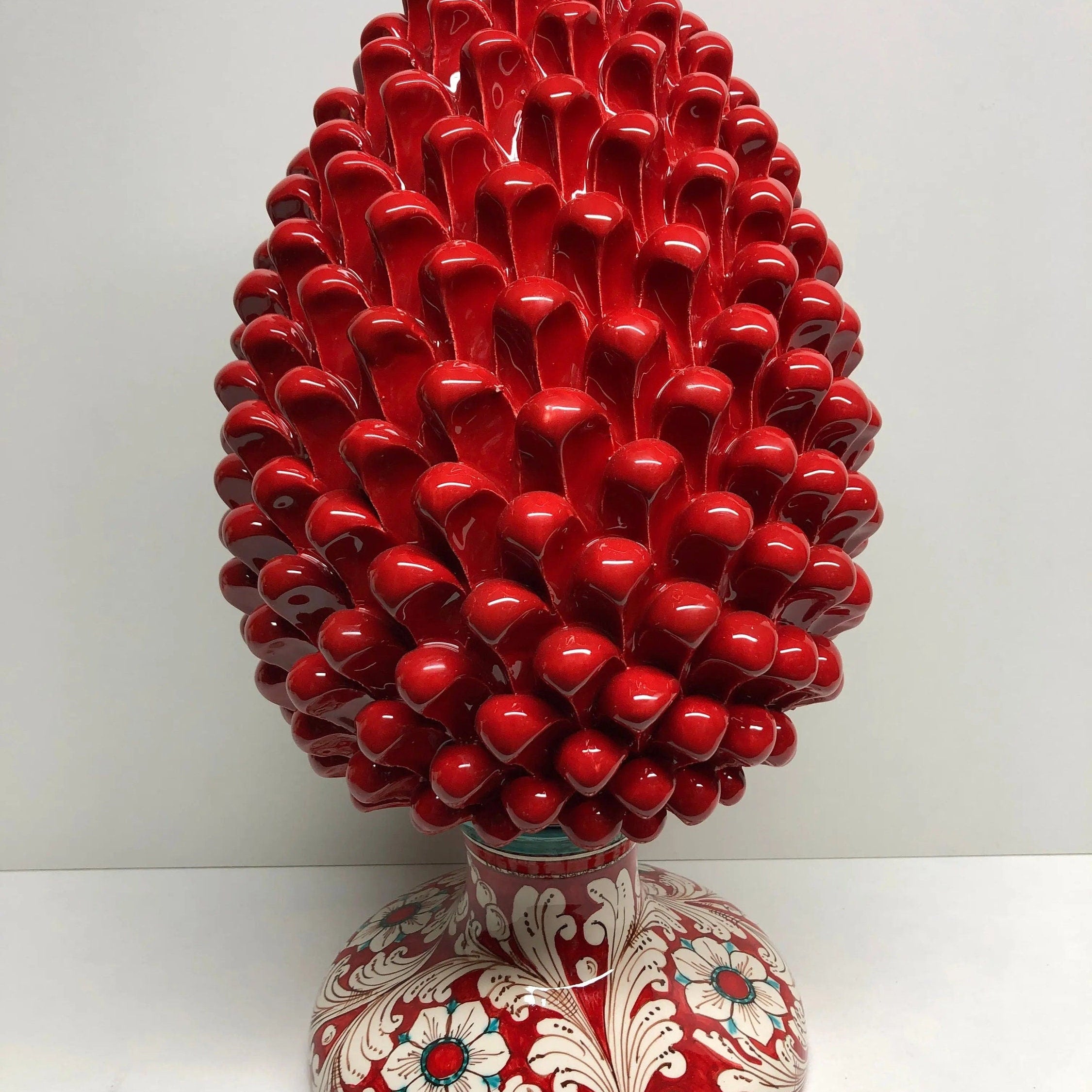 Pigna Ceramica Caltagirone cm H.40 Artigianale Rosso Base Decorata DD CERAMICHE SICILIANE