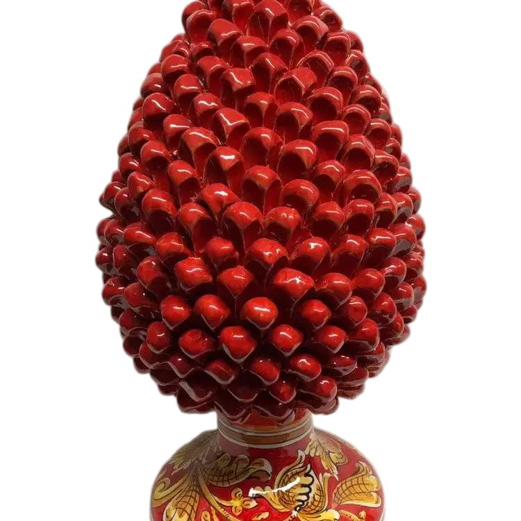 Pigna Ceramica Caltagirone cm H.40 Artigianale Rosso Base Decorata Giglio - DD CERAMICHE SICILIANE