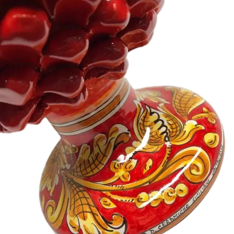 Pigna Ceramica Caltagirone cm H.40 Artigianale Rosso Base Decorata Giglio - DD CERAMICHE SICILIANE