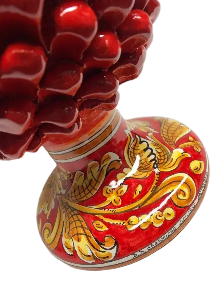 Pigna Ceramica Caltagirone cm H.40 Artigianale Rosso Base Decorata Giglio - DD CERAMICHE SICILIANE