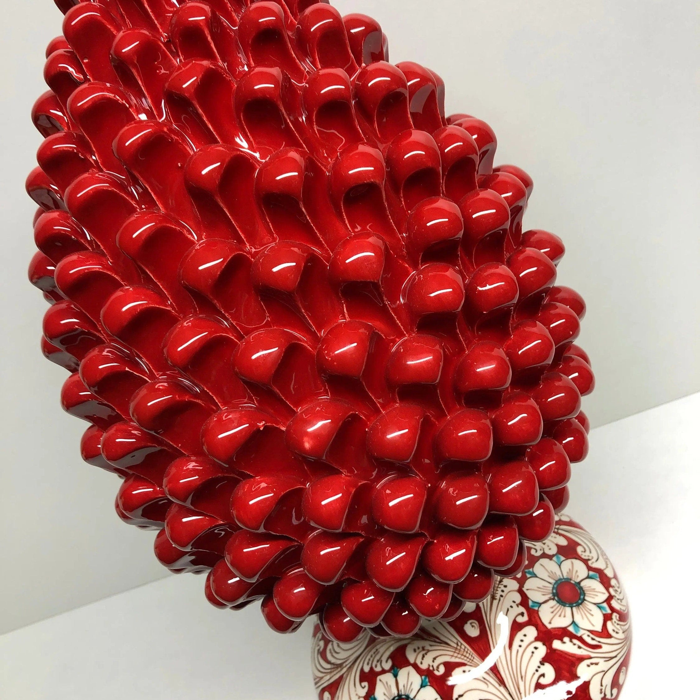 Pigna Ceramica Caltagirone cm H.40 Artigianale Rosso Base Decorata DD CERAMICHE SICILIANE