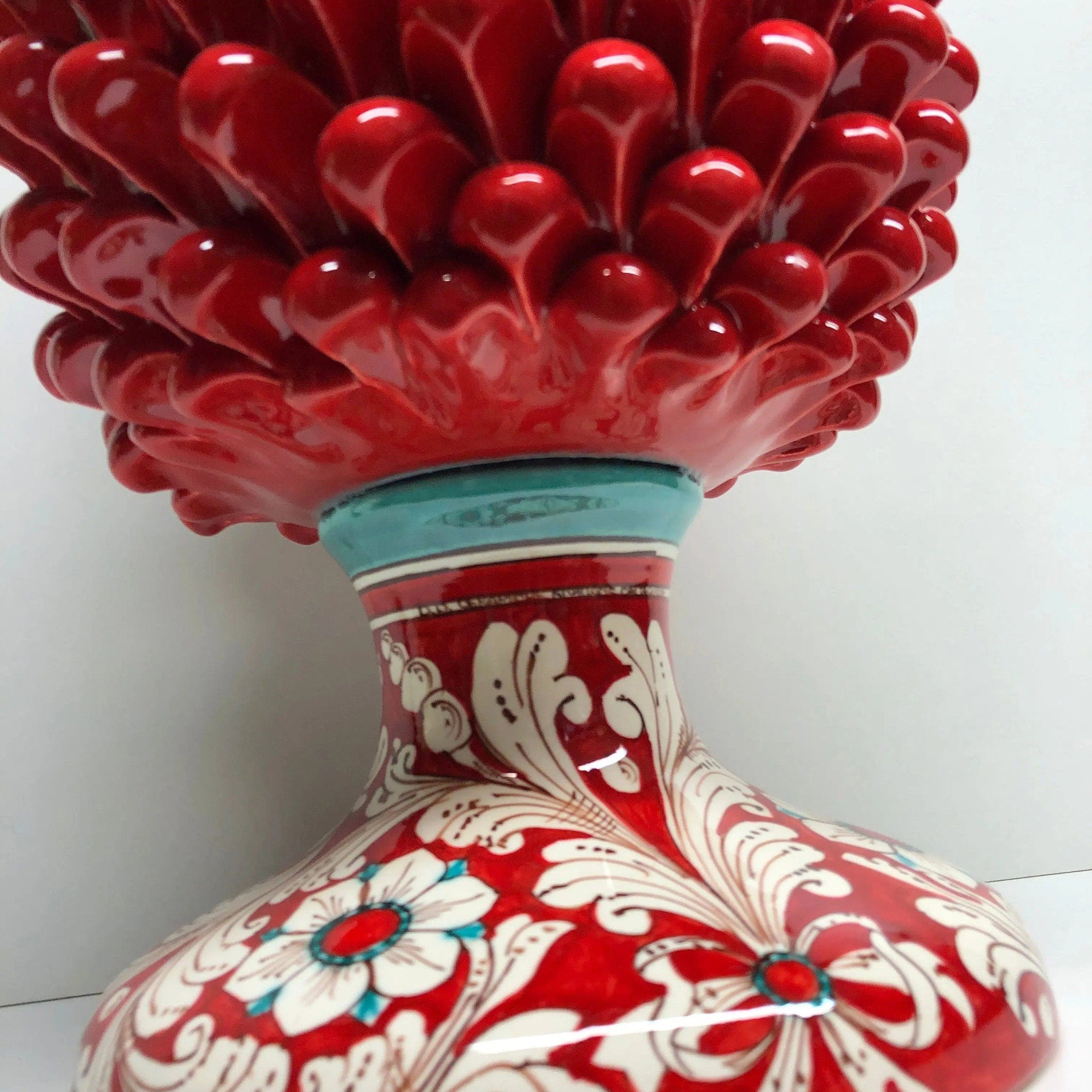 Pigna Ceramica Caltagirone cm H.40 Artigianale Rosso Base Decorata DD CERAMICHE SICILIANE