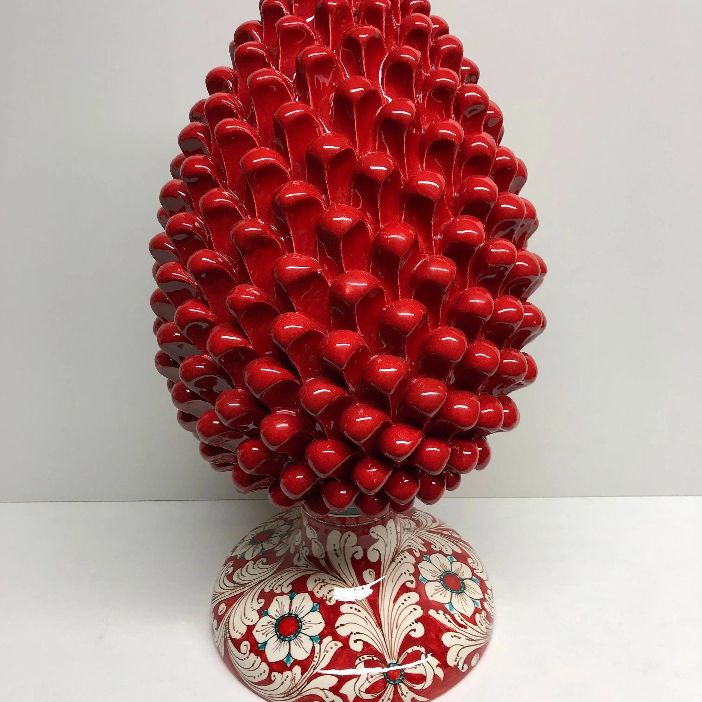 Pigna Ceramica Caltagirone cm H.40 Artigianale Rosso Base Decorata DD CERAMICHE SICILIANE