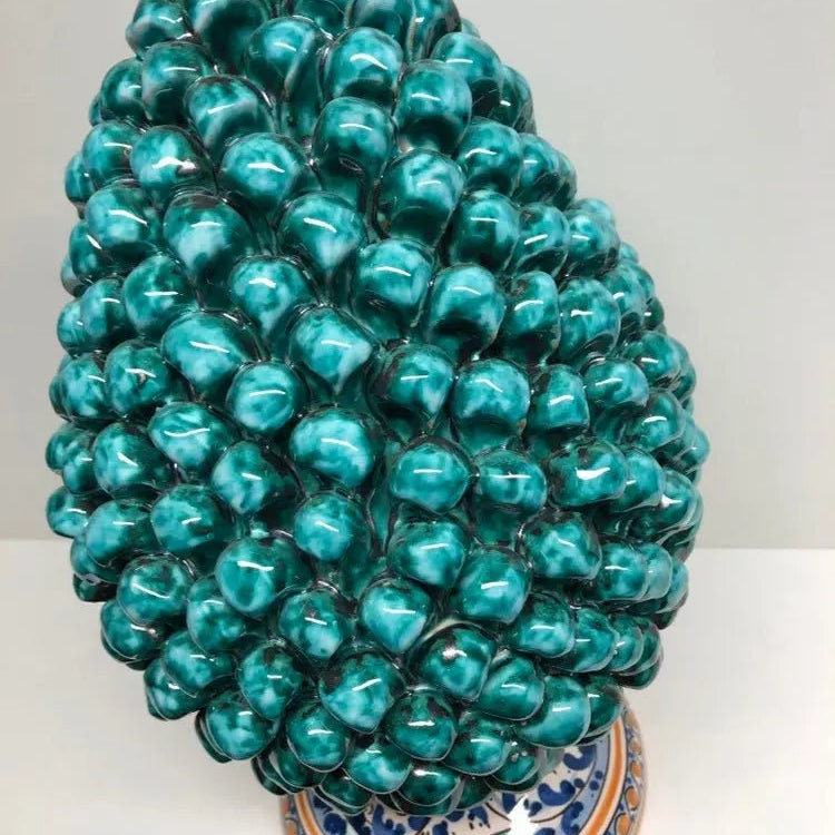 Pigna Ceramica Caltagirone cm H.40 Artigianale Verde Acqua Base Decorata Fiori DD CERAMICHE SICILIANE