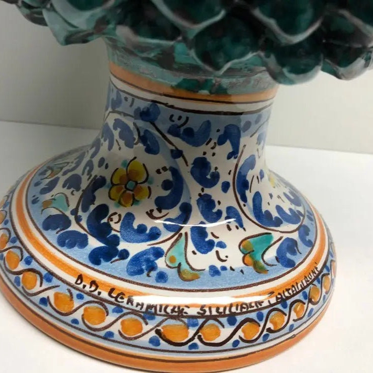Pigna Ceramica Caltagirone cm H.40 Artigianale Verde Acqua Base Decorata Fiori DD CERAMICHE SICILIANE