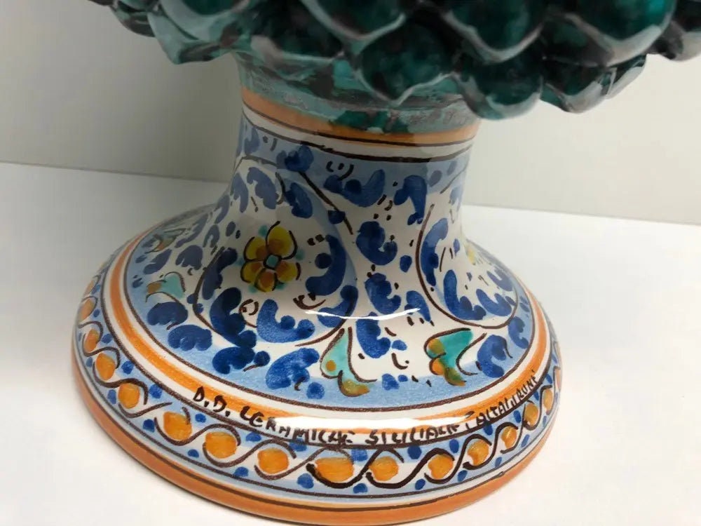 Pigna Ceramica Caltagirone cm H.40 Artigianale Verde Acqua Base Decorata Fiori DD CERAMICHE SICILIANE