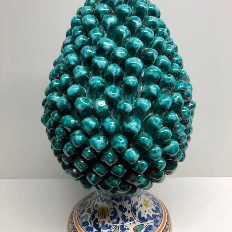 Pigna Ceramica Caltagirone cm H.40 Artigianale Verde Acqua Base Decorata Fiori DD CERAMICHE SICILIANE
