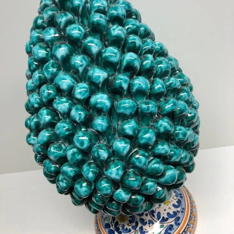 Pigna Ceramica Caltagirone cm H.40 Artigianale Verde Acqua Base Decorata Fiori DD CERAMICHE SICILIANE