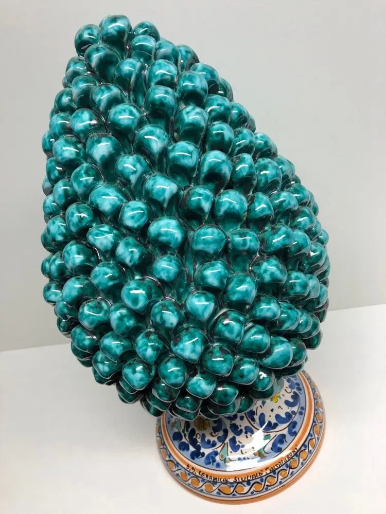 Pigna Ceramica Caltagirone cm H.40 Artigianale Verde Acqua Base Decorata Fiori DD CERAMICHE SICILIANE