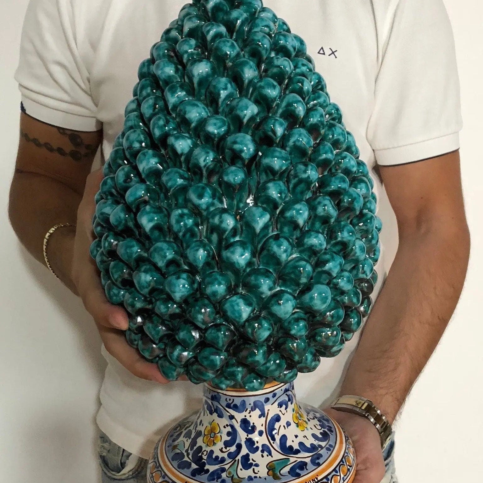 Pigna Ceramica Caltagirone cm H.40 Artigianale Verde Acqua Base Decorata Fiori DD CERAMICHE SICILIANE