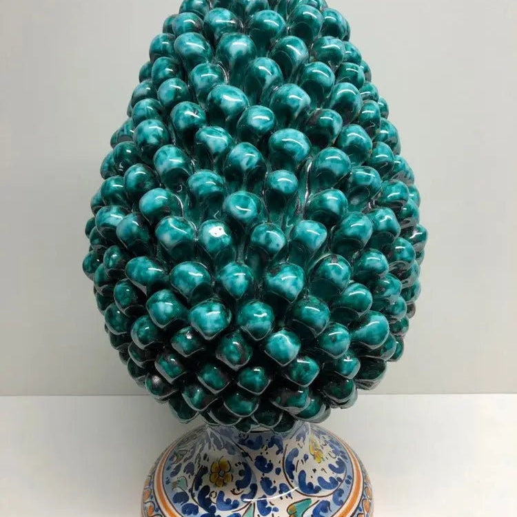 Pigna Ceramica Caltagirone cm H.40 Artigianale Verde Acqua Base Decorata Fiori DD CERAMICHE SICILIANE