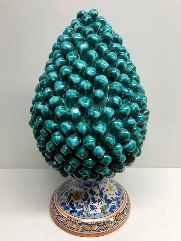 Pigna Ceramica Caltagirone cm H.40 Artigianale Verde Acqua Base Decorata Fiori DD CERAMICHE SICILIANE