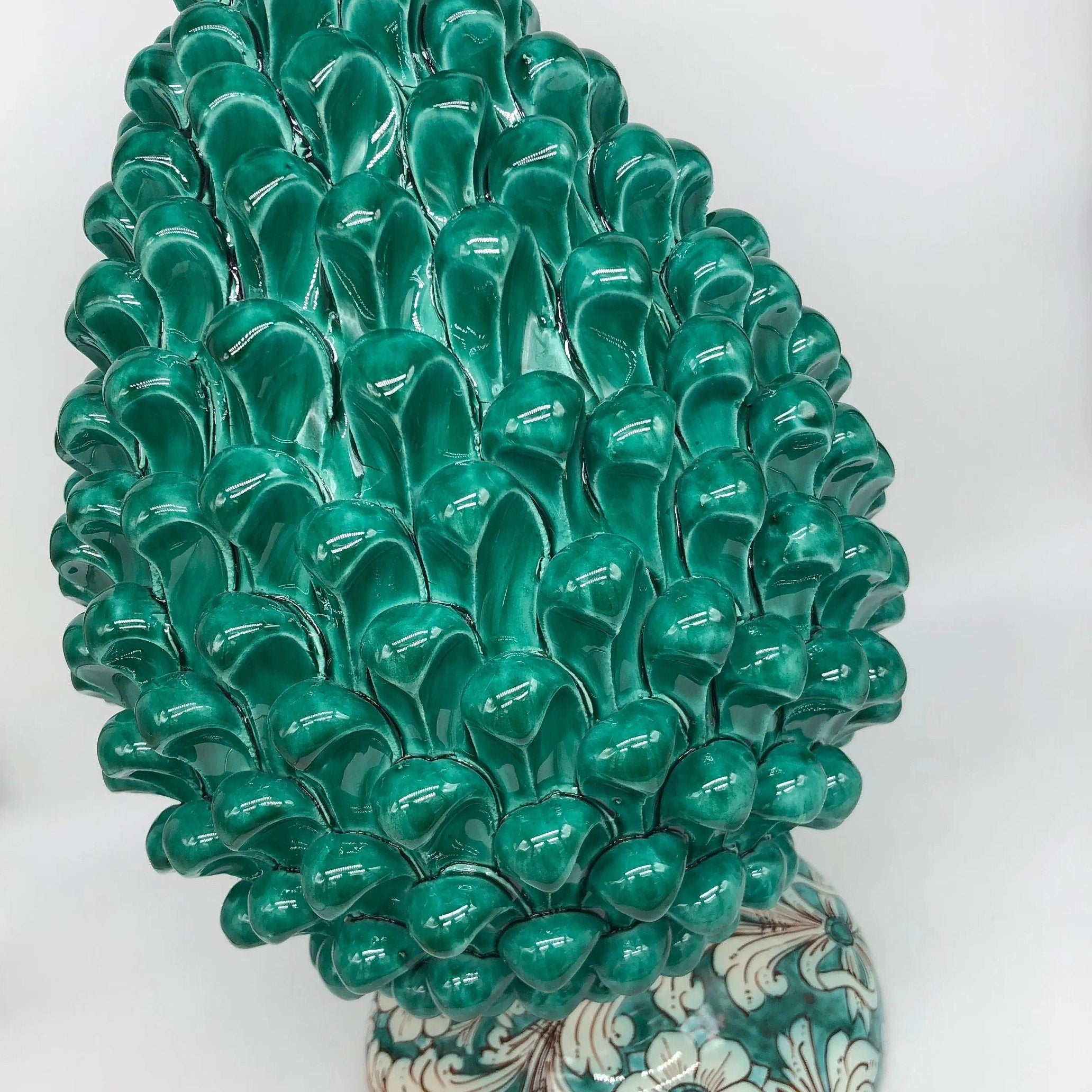 Pigna Ceramica Caltagirone cm H.40 Artigianale Verde Cristallo con Base Decorata DD CERAMICHE SICILIANE