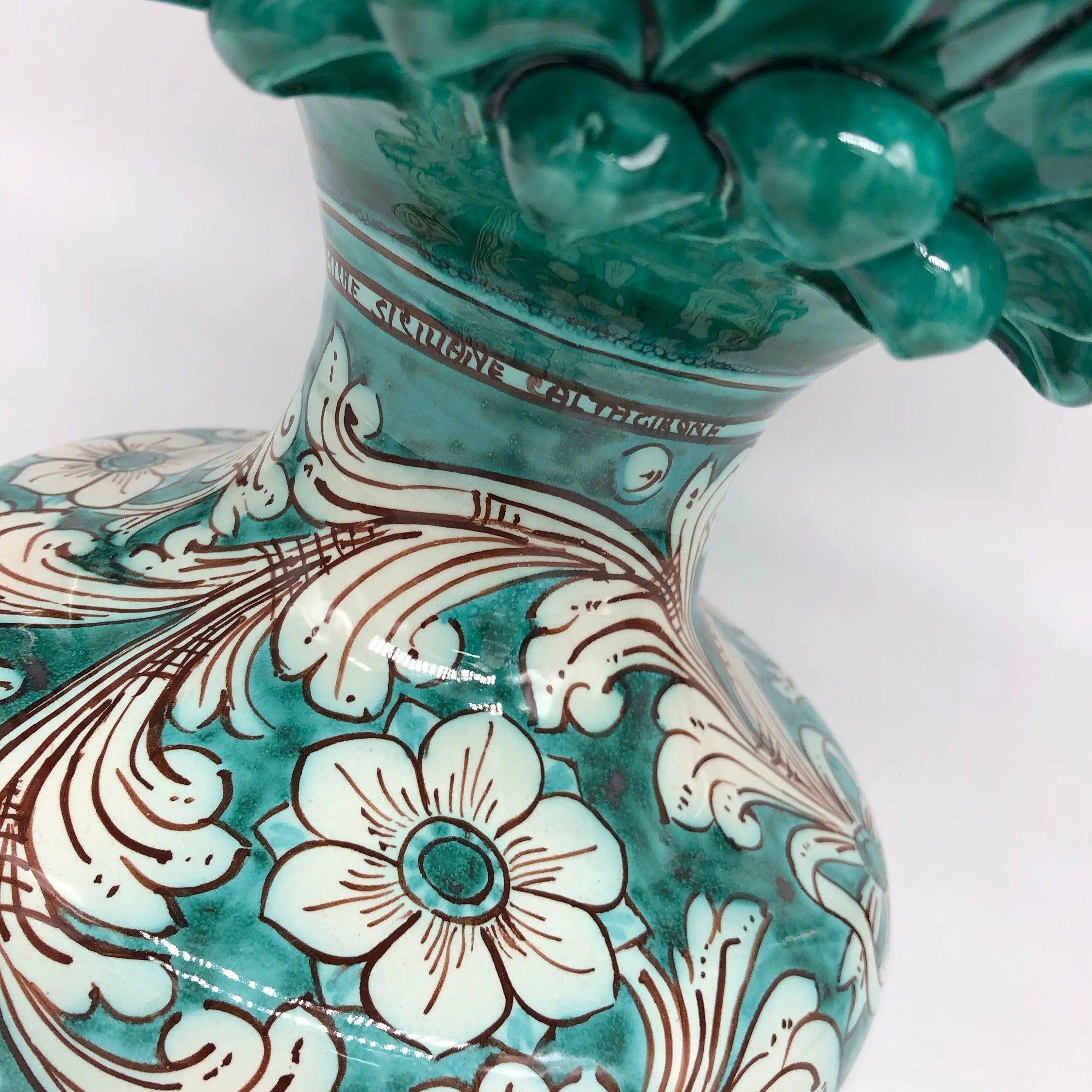 Pigna Ceramica Caltagirone cm H.40 Artigianale Verde Cristallo con Base Decorata DD CERAMICHE SICILIANE