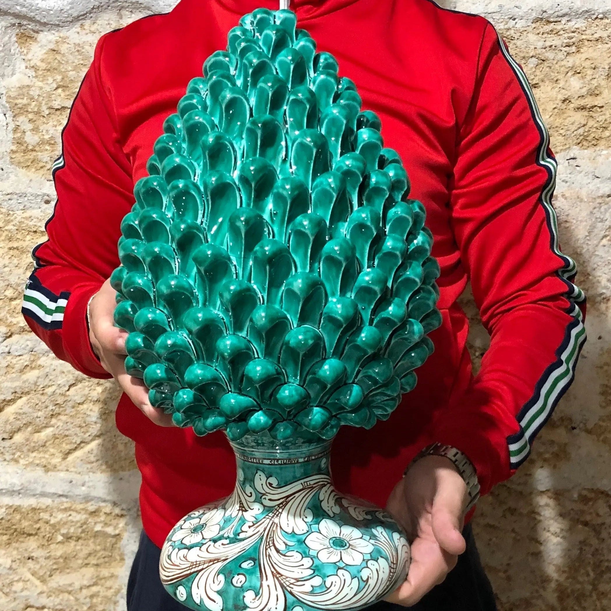 Pigna Ceramica Caltagirone cm H.40 Artigianale Verde Cristallo con Base Decorata DD CERAMICHE SICILIANE