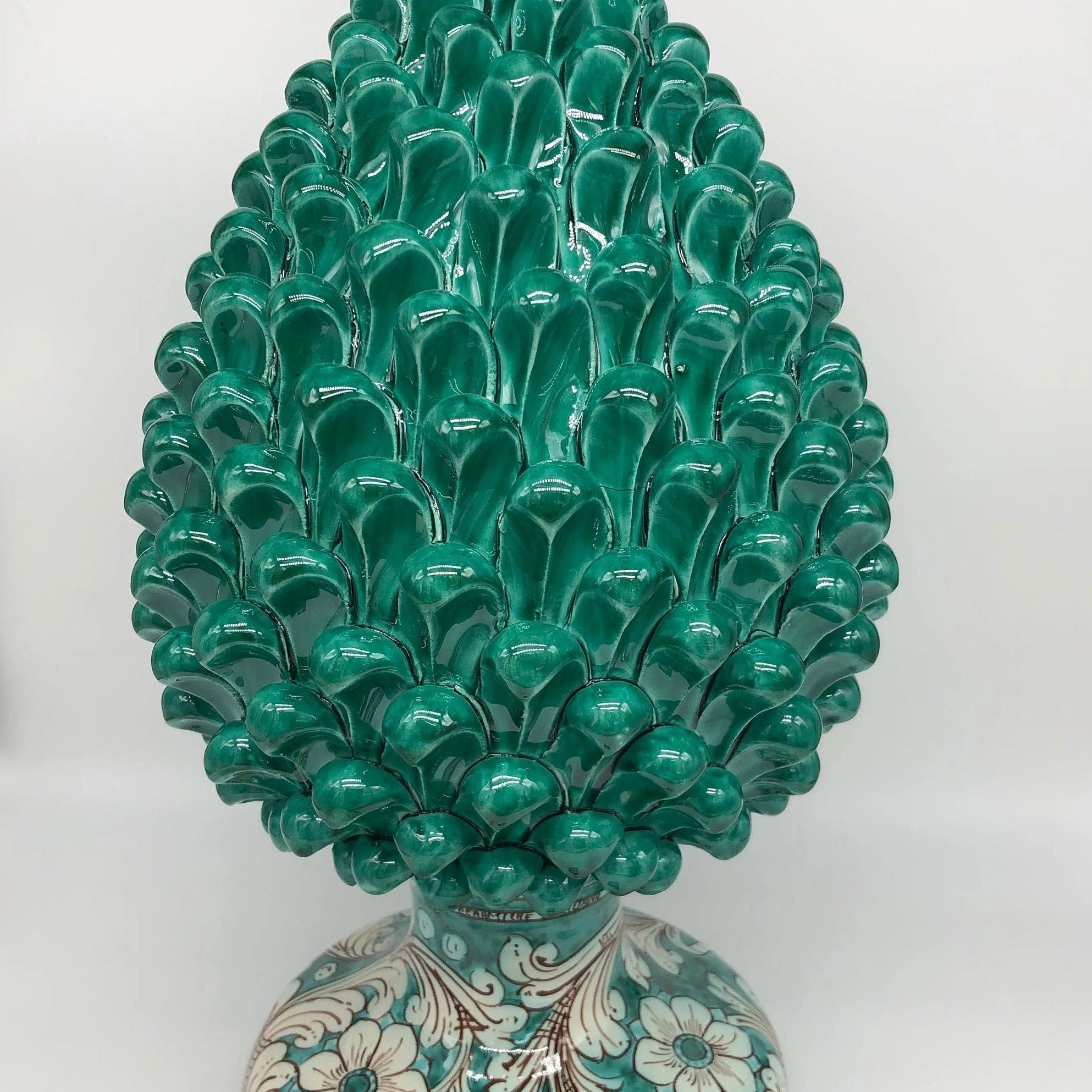 Pigna Ceramica Caltagirone cm H.40 Artigianale Verde Cristallo con Base Decorata DD CERAMICHE SICILIANE