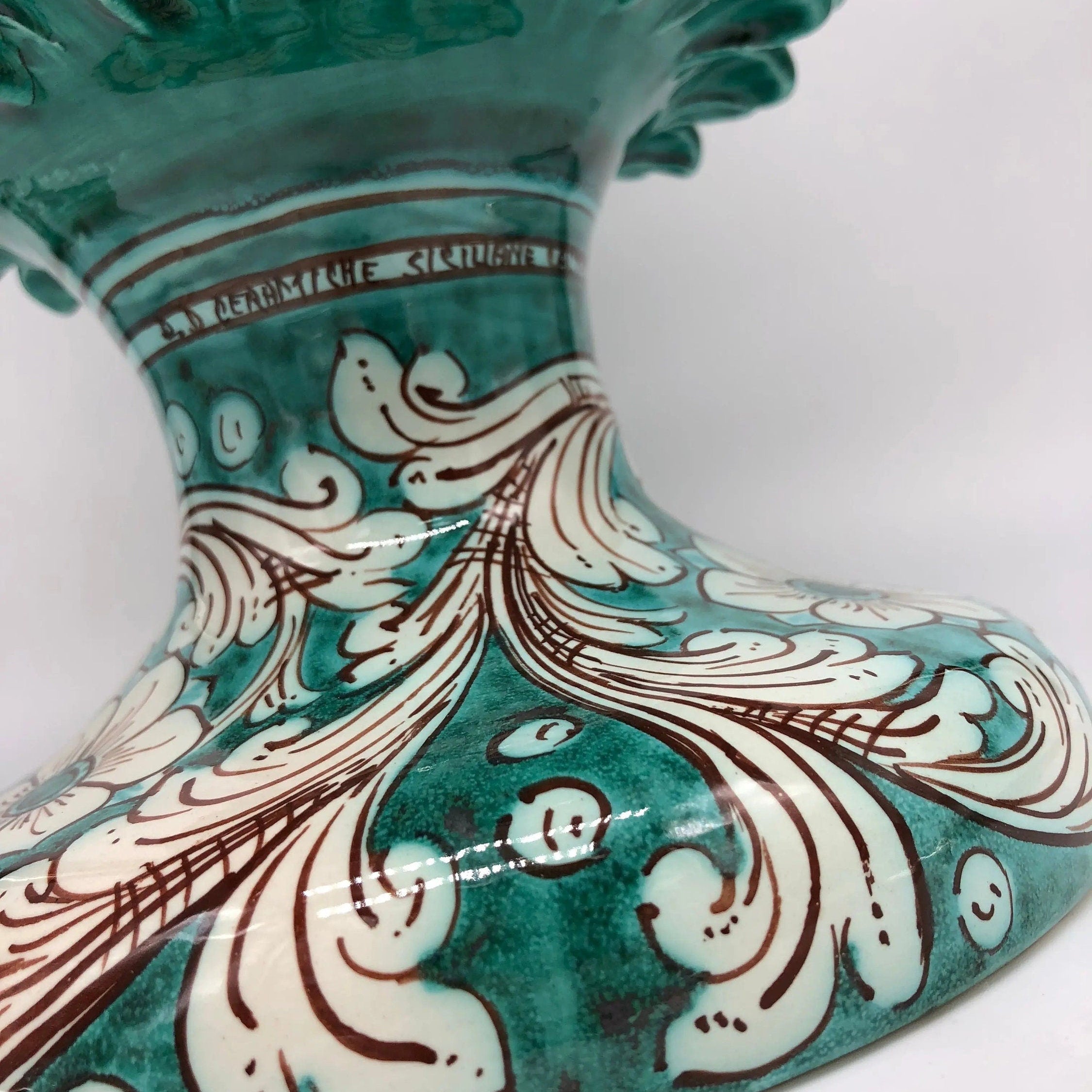 Pigna Ceramica Caltagirone cm H.40 Artigianale Verde Cristallo con Base Decorata DD CERAMICHE SICILIANE