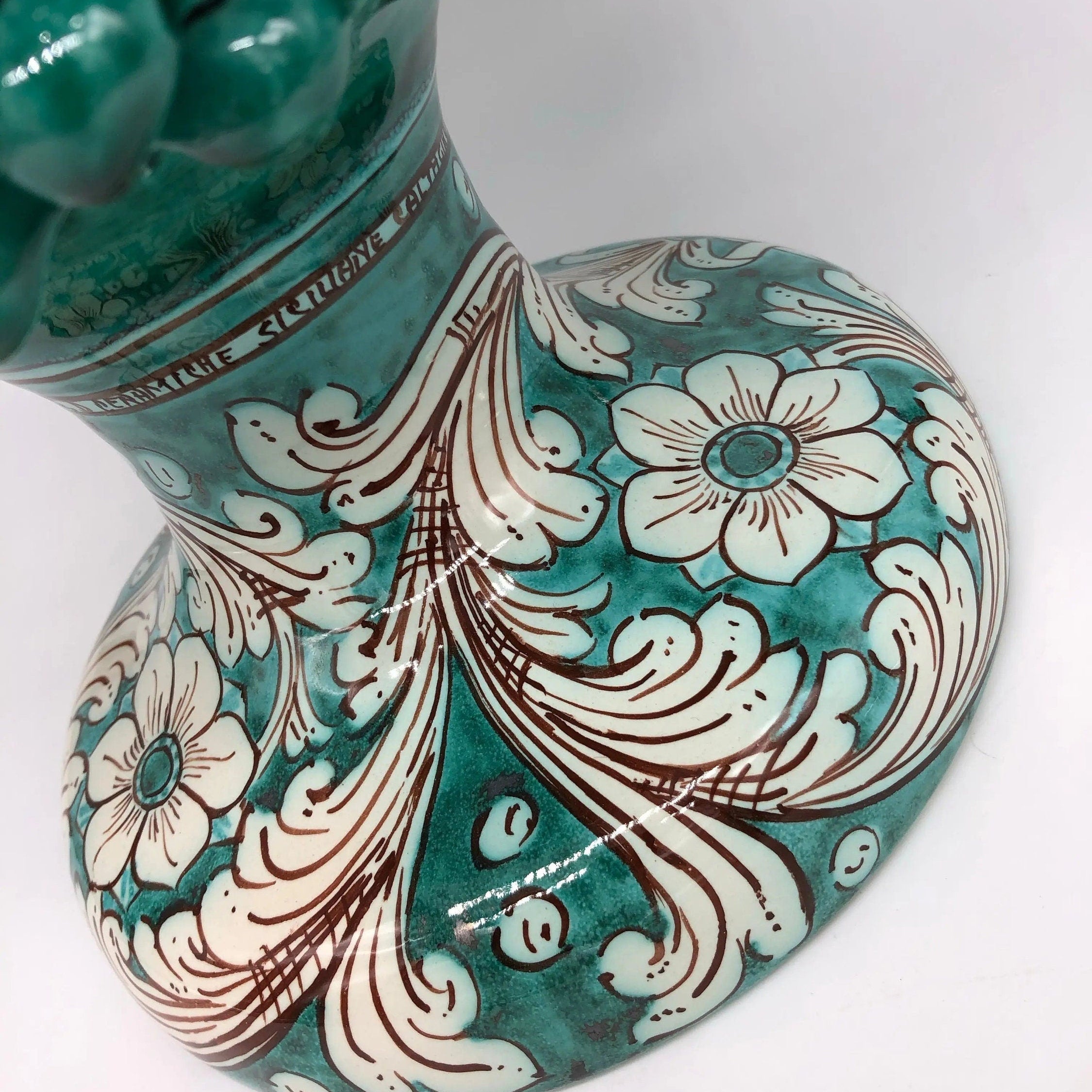 Pigna Ceramica Caltagirone cm H.40 Artigianale Verde Cristallo con Base Decorata DD CERAMICHE SICILIANE