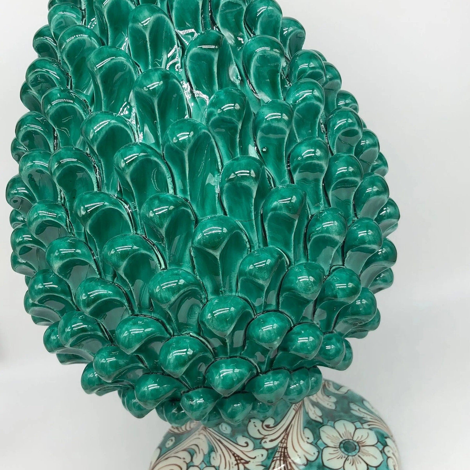 Pigna Ceramica Caltagirone cm H.40 Artigianale Verde Cristallo con Base Decorata DD CERAMICHE SICILIANE