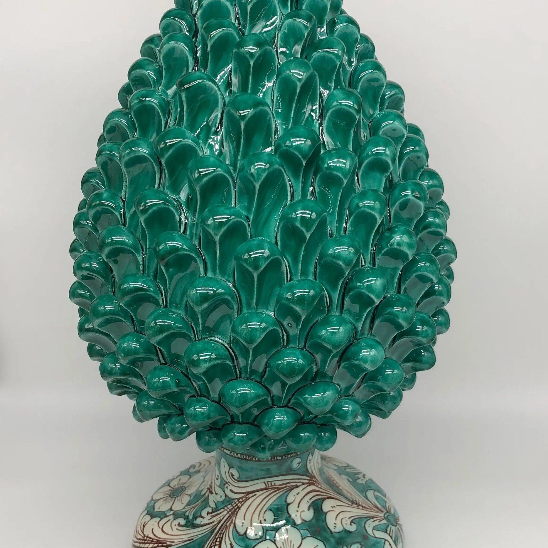 Pigna Ceramica Caltagirone cm H.40 Artigianale Verde Cristallo con Base Decorata DD CERAMICHE SICILIANE