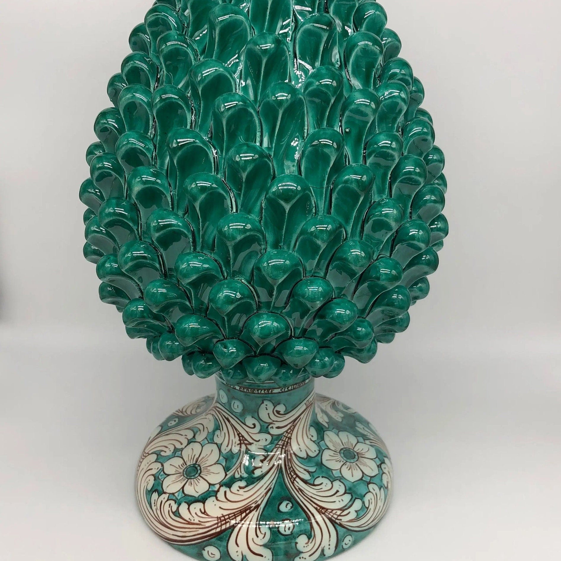 Pigna Ceramica Caltagirone cm H.40 Artigianale Verde Cristallo con Base Decorata DD CERAMICHE SICILIANE