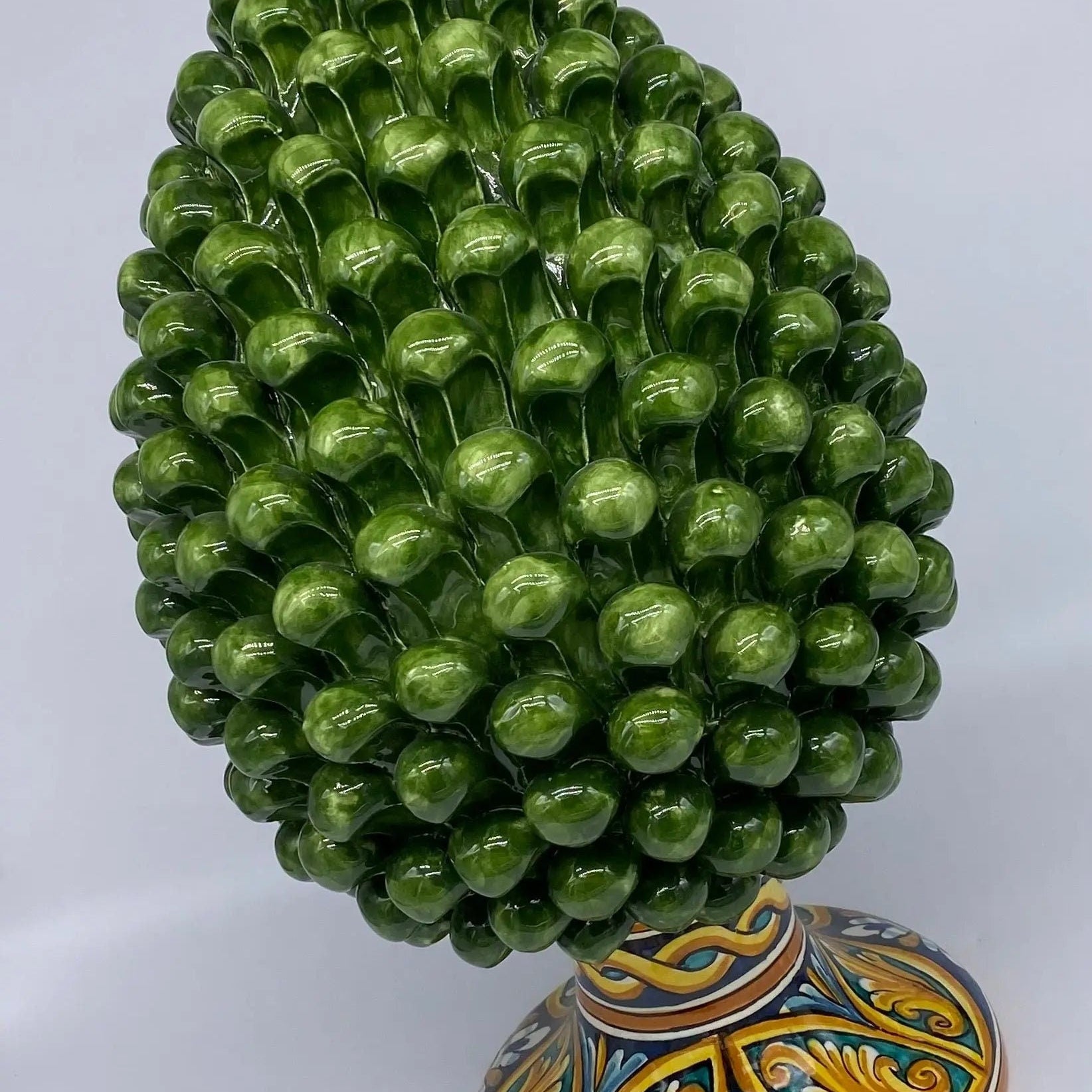 Pigna Ceramica Caltagirone cm H.40 Artigianale Verde Prato Base Decorata DD CERAMICHE SICILIANE