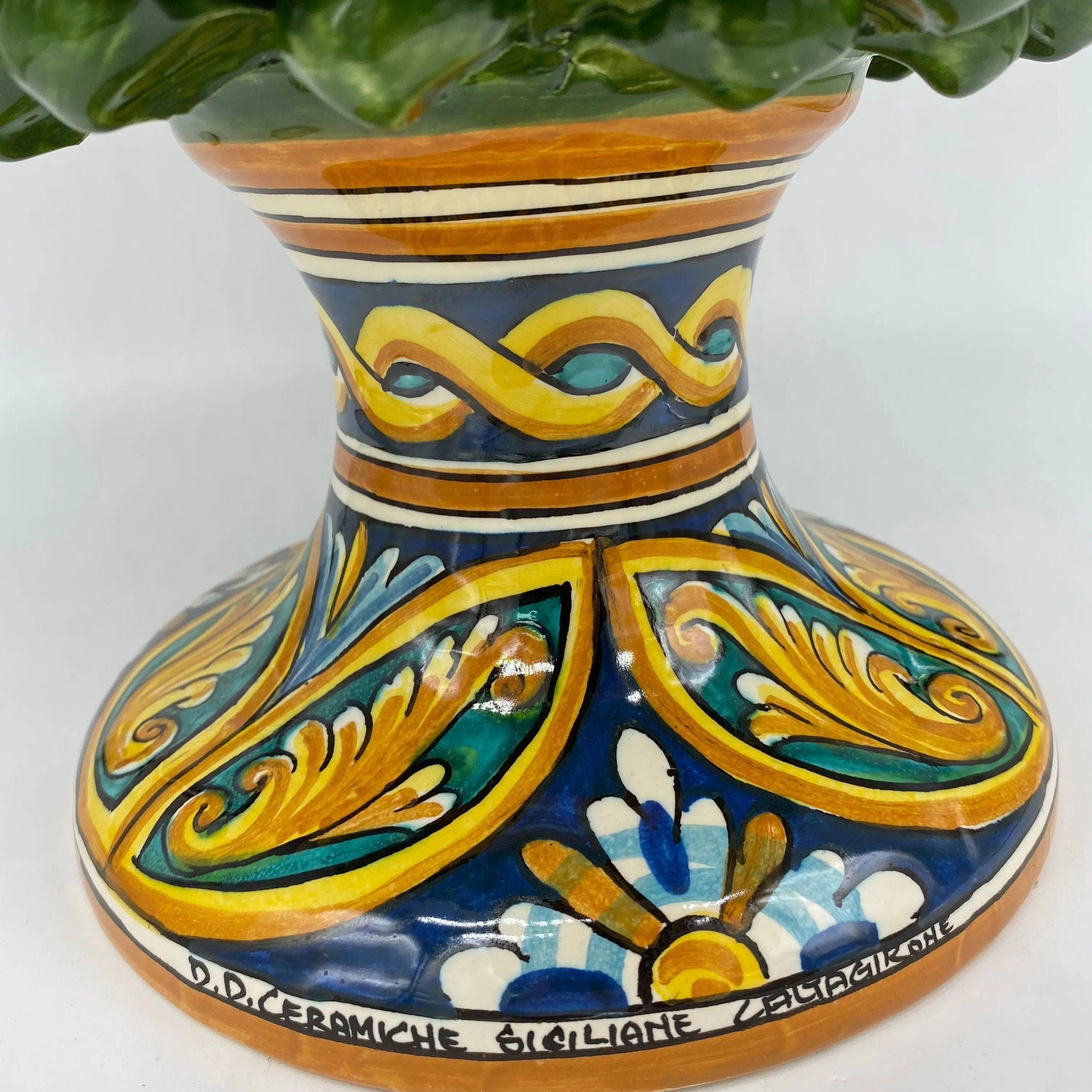 Pigna Ceramica Caltagirone cm H.40 Artigianale Verde Prato Base Decorata DD CERAMICHE SICILIANE