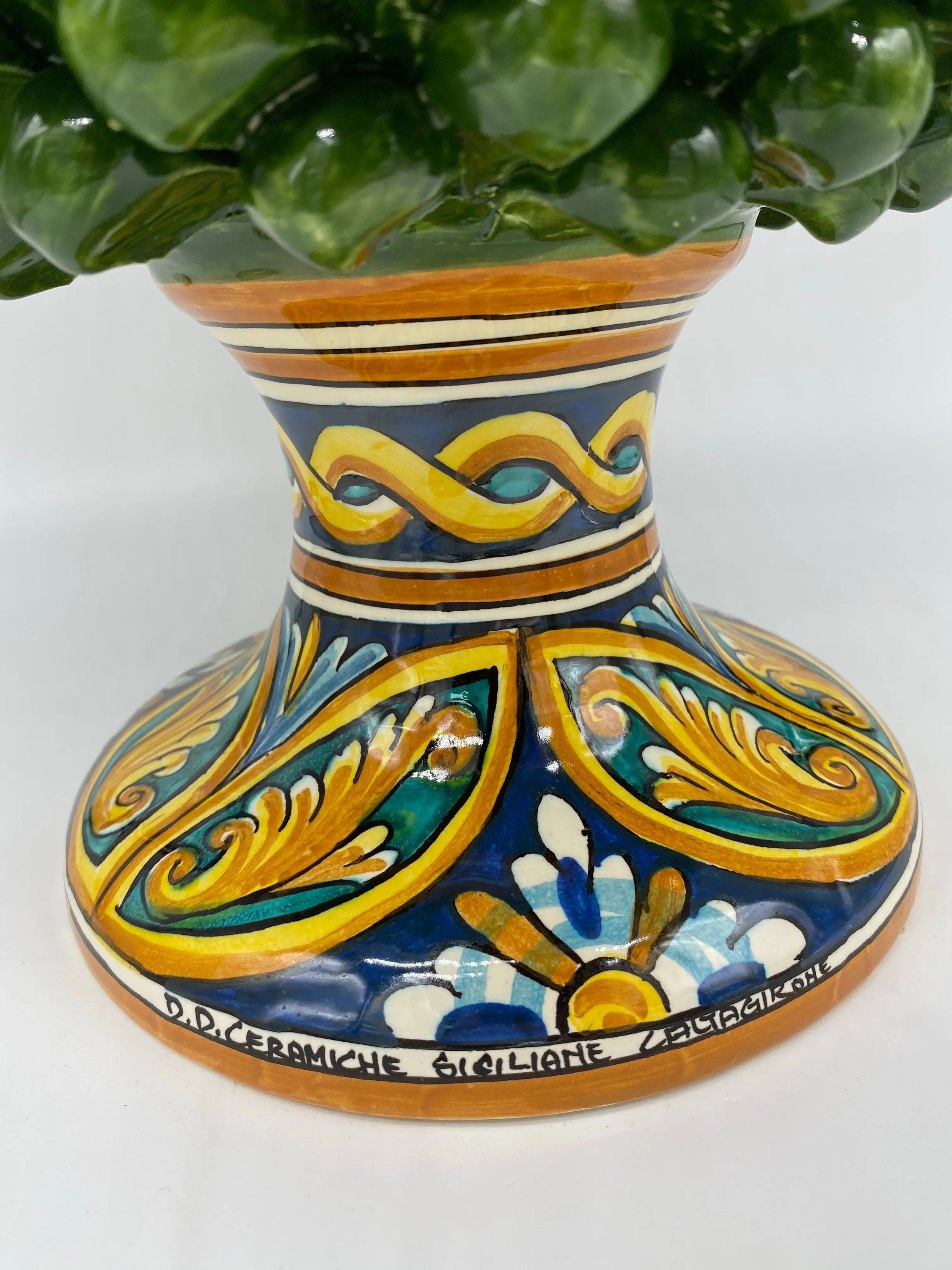 Pigna Ceramica Caltagirone cm H.40 Artigianale Verde Prato Base Decorata DD CERAMICHE SICILIANE