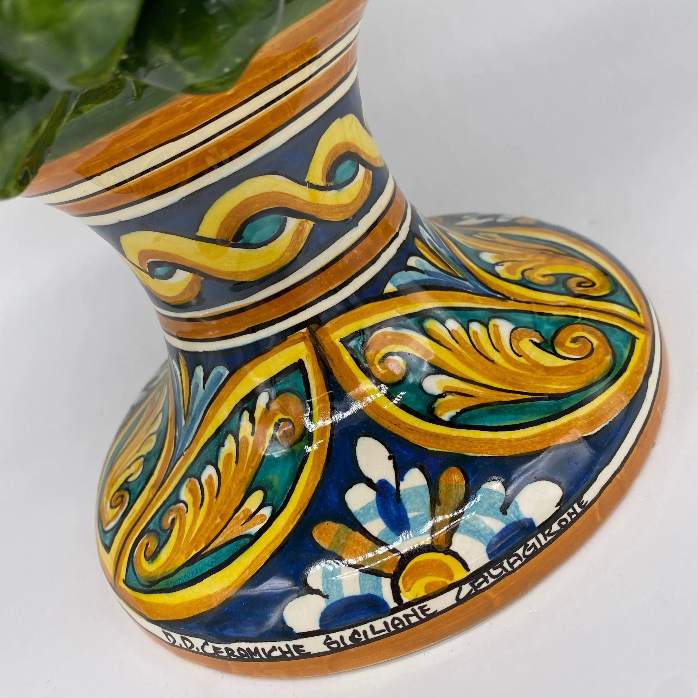 Pigna Ceramica Caltagirone cm H.40 Artigianale Verde Prato Base Decorata DD CERAMICHE SICILIANE