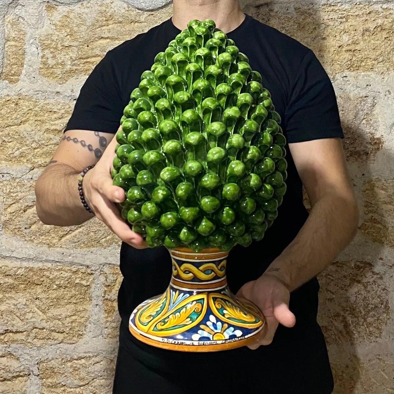 Pigna Ceramica Caltagirone cm H.40 Artigianale Verde Prato Base Decorata DD CERAMICHE SICILIANE