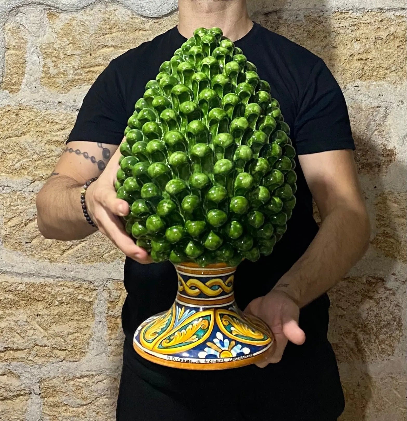 Pigna Ceramica Caltagirone cm H.40 Artigianale Verde Prato Base Decorata DD CERAMICHE SICILIANE