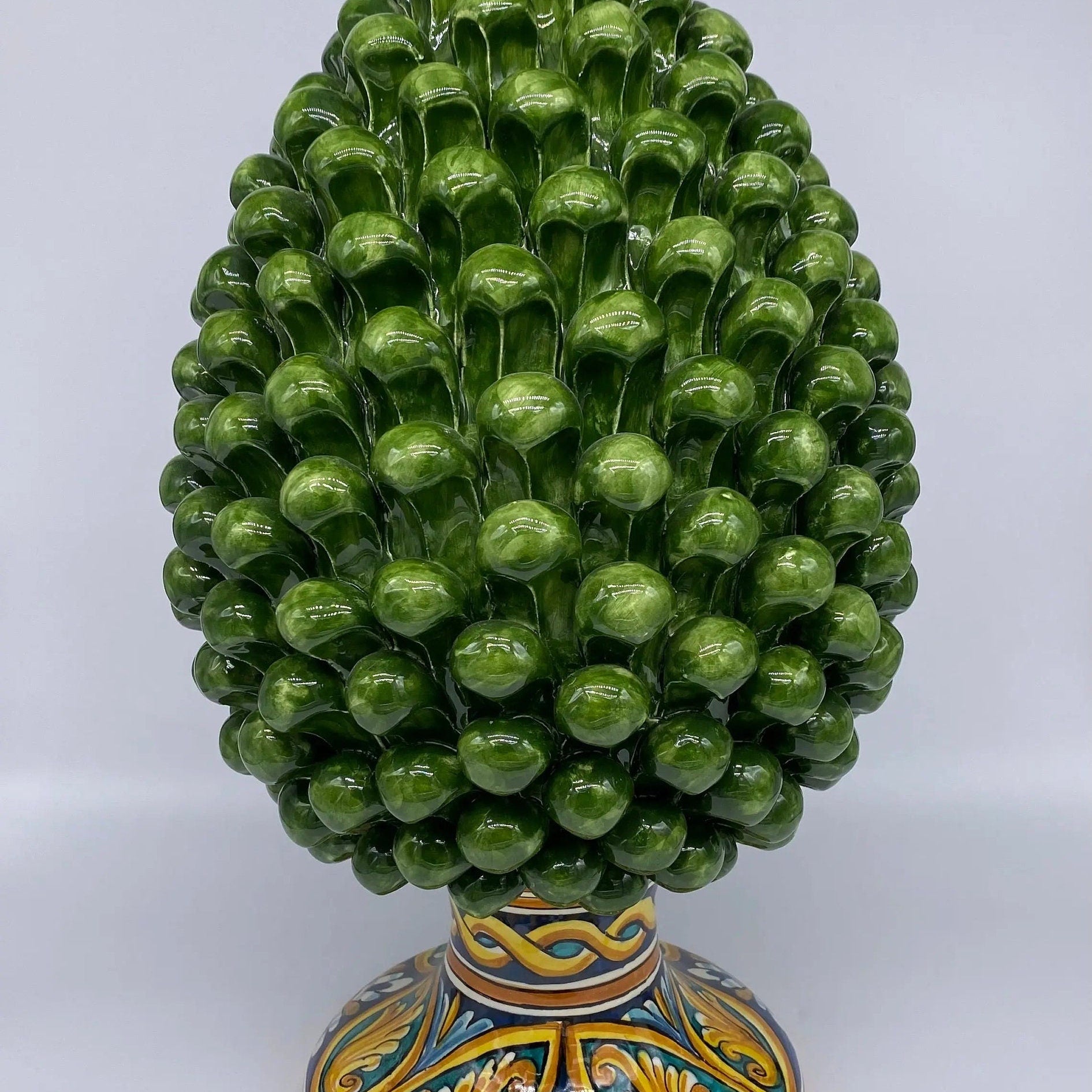 Pigna Ceramica Caltagirone cm H.40 Artigianale Verde Prato Base Decorata DD CERAMICHE SICILIANE