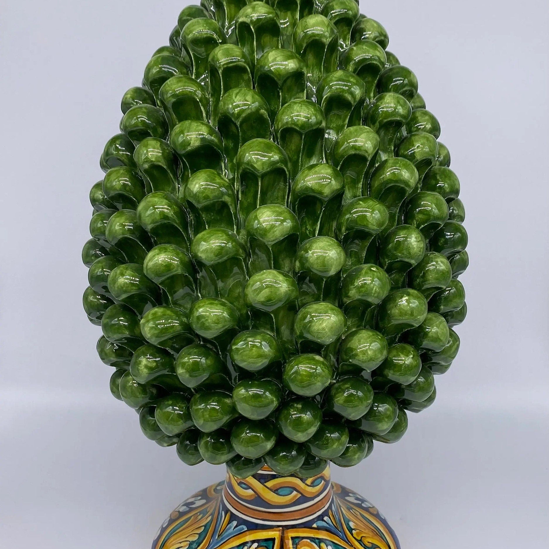 Pigna Ceramica Caltagirone cm H.40 Artigianale Verde Prato Base Decorata DD CERAMICHE SICILIANE