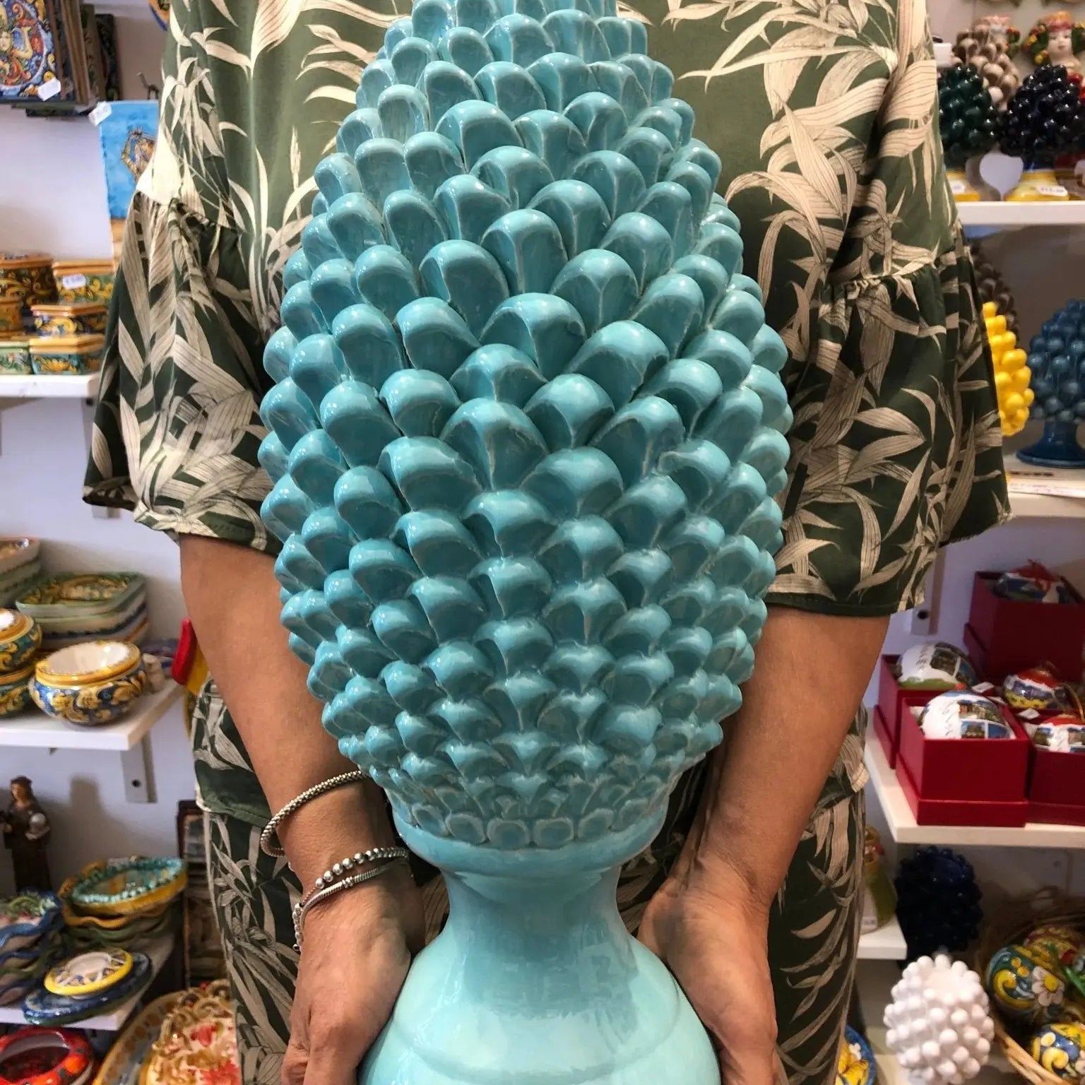 Pigna Ceramica Caltagirone cm H.45 Artigianale Verde Tiffany Linea Luis DD CERAMICHE SICILIANE