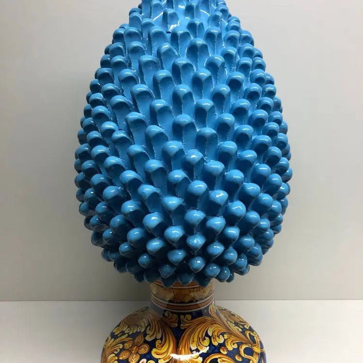 Pigna Ceramica Caltagirone cm H.50 Artigianale Celeste Base Decorata DD CERAMICHE SICILIANE