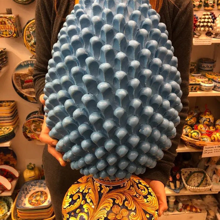 Pigna Ceramica Caltagirone cm H.50 Artigianale Celeste Base Decorata DD CERAMICHE SICILIANE