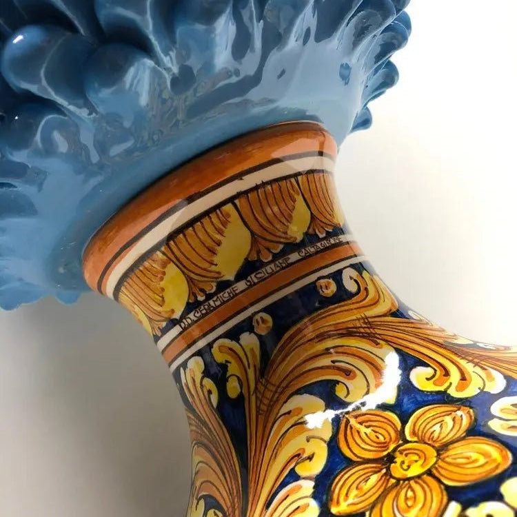 Pigna Ceramica Caltagirone cm H.50 Artigianale Celeste Base Decorata DD CERAMICHE SICILIANE