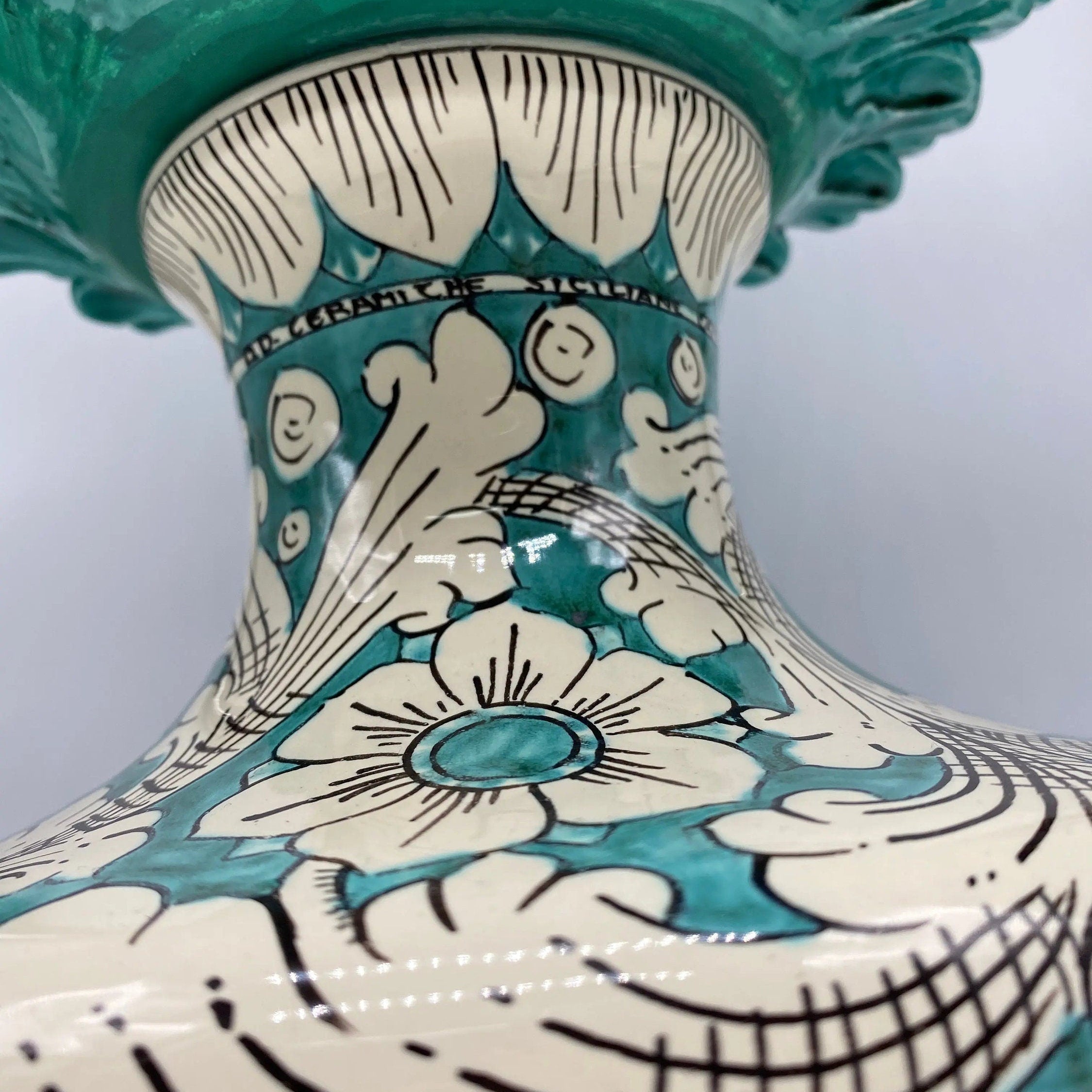 Pigna Ceramica Caltagirone cm H.50 Artigianale Verde Acqua Base Decorata DD CERAMICHE SICILIANE