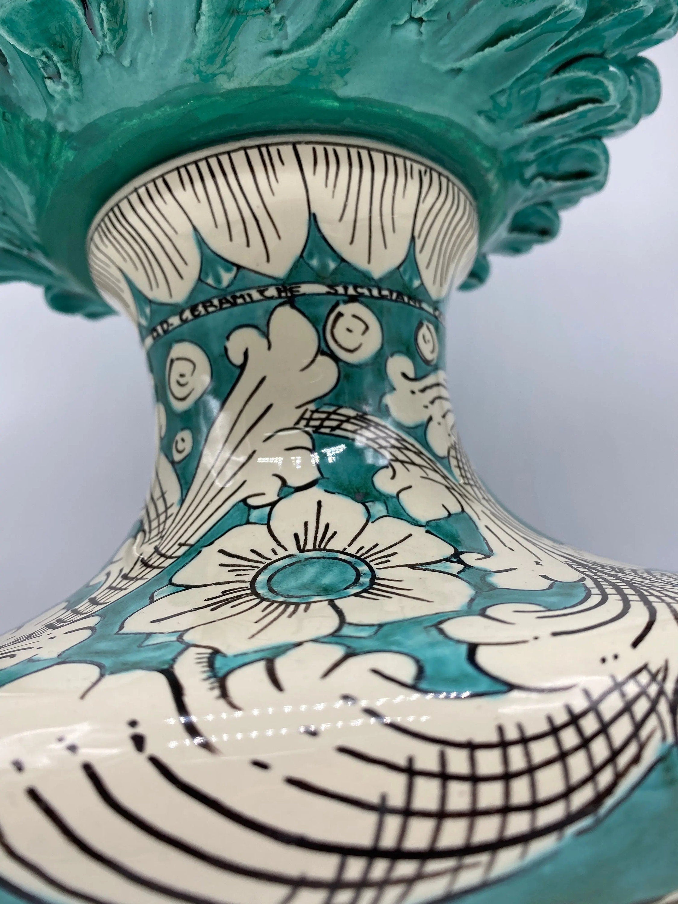 Pigna Ceramica Caltagirone cm H.50 Artigianale Verde Acqua Base Decorata DD CERAMICHE SICILIANE