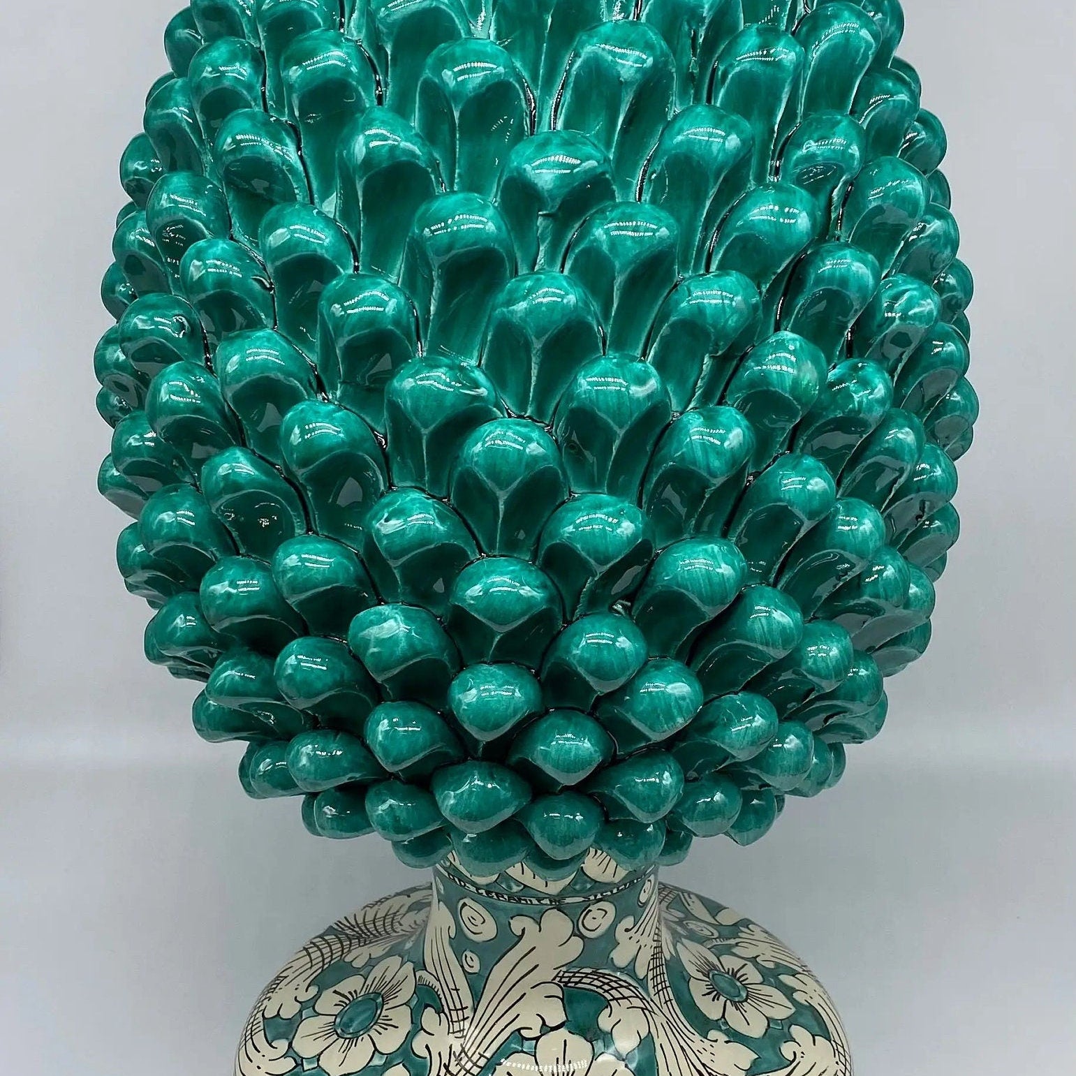 Pigna Ceramica Caltagirone cm H.50 Artigianale Verde Acqua Base Decorata DD CERAMICHE SICILIANE