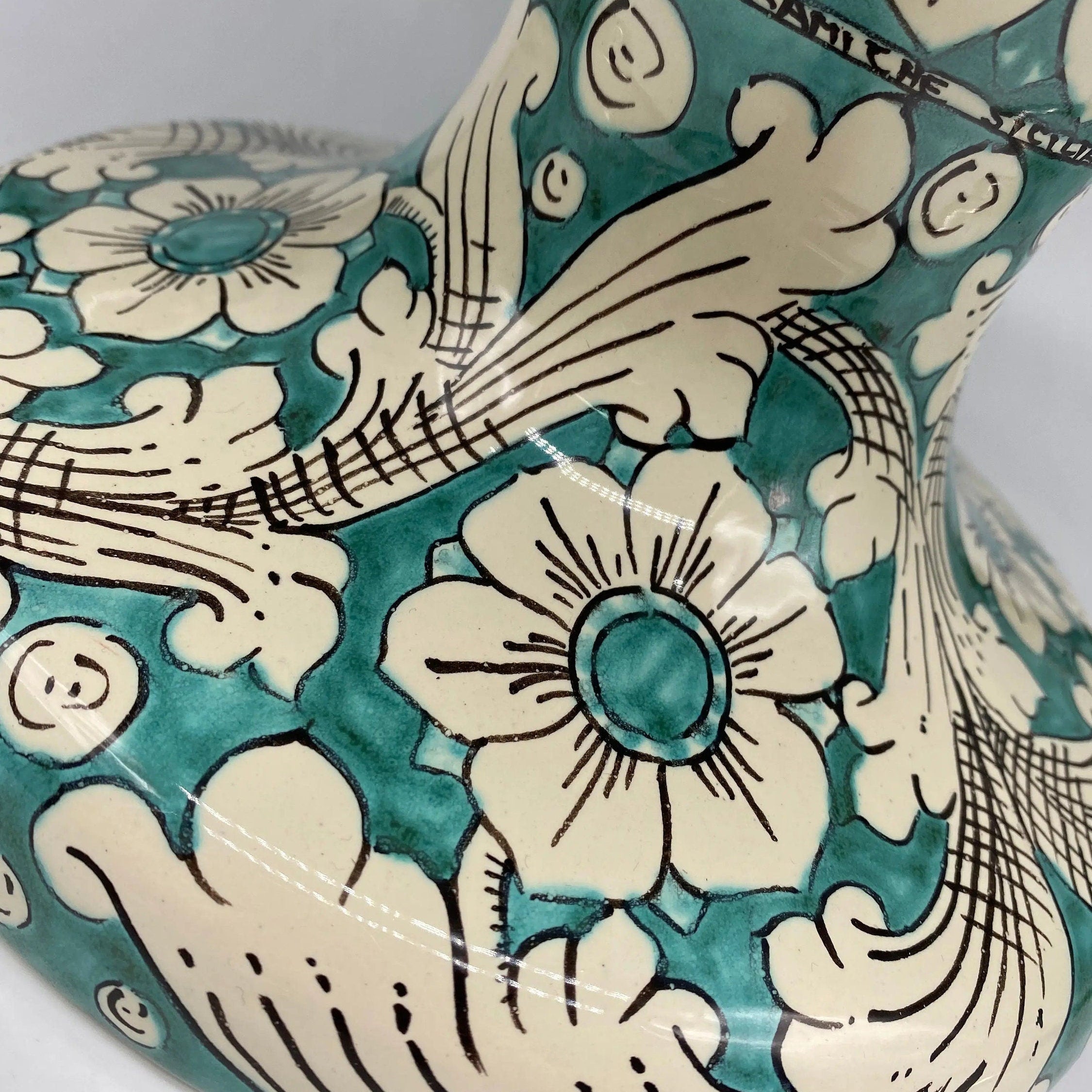 Pigna Ceramica Caltagirone cm H.50 Artigianale Verde Acqua Base Decorata DD CERAMICHE SICILIANE