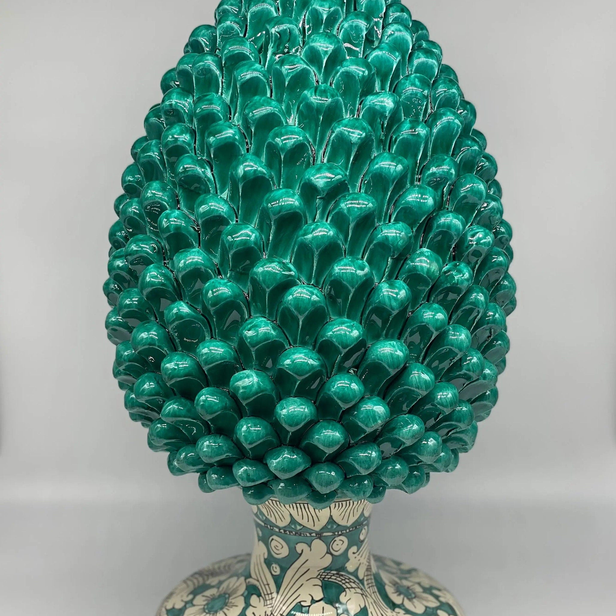 Pigna Ceramica Caltagirone cm H.50 Artigianale Verde Acqua Base Decorata DD CERAMICHE SICILIANE