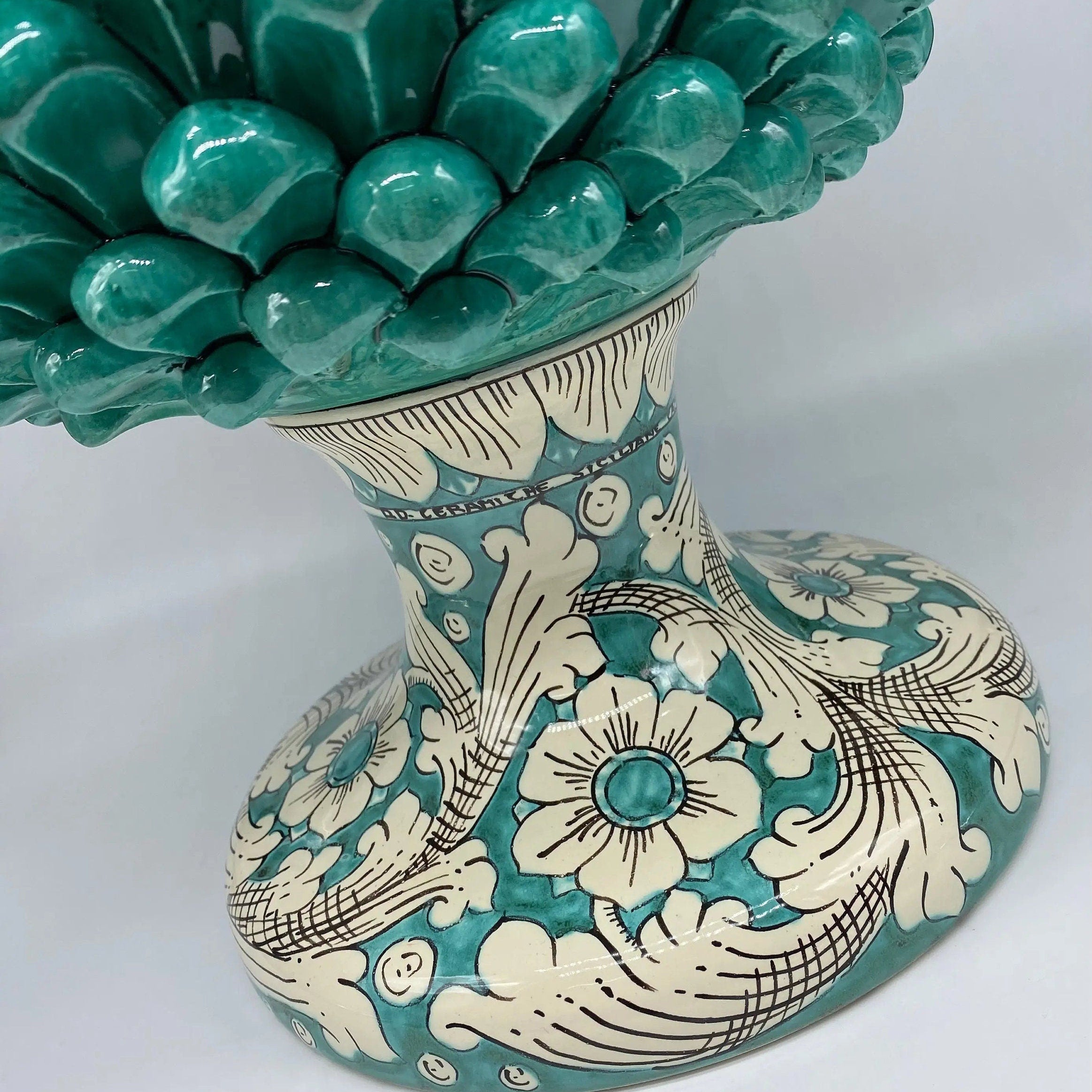 Pigna Ceramica Caltagirone cm H.50 Artigianale Verde Acqua Base Decorata DD CERAMICHE SICILIANE