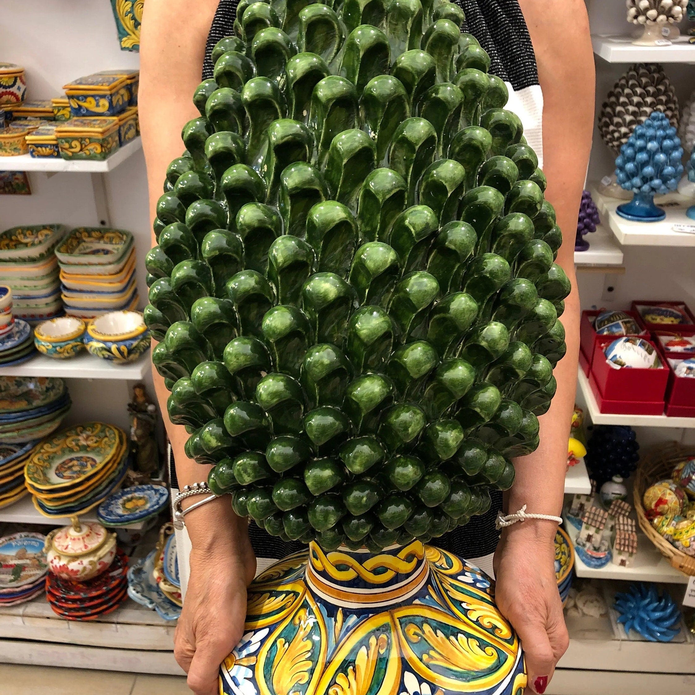 Pigna Ceramica Caltagirone cm H.50 Artigianale Verde Prato Base Decorata DD CERAMICHE SICILIANE